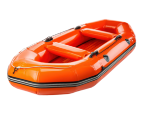 Bright orange inflatable raft for summer adventures on water on a transparent background, cut out