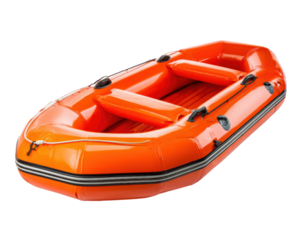 Bright orange inflatable raft for summer adventures on water on a transparent background, cut out