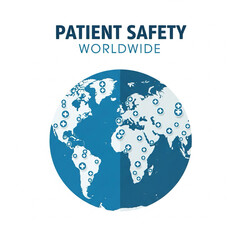 Flat vector globe with medical cross icons, text &ldquo;Patient Safety Worldwide&rdquo;.