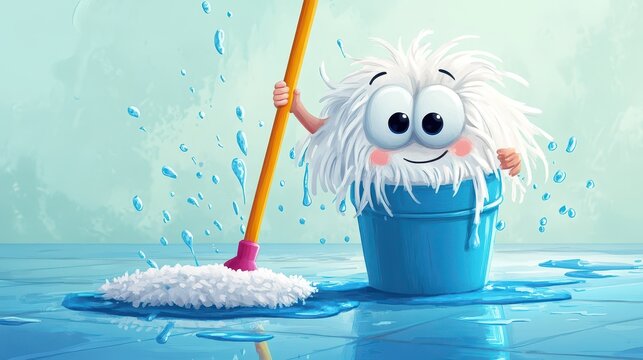 Cartoon-style illustration of anthropomorphic mop and bucket cleaning floor together, vibrant playful colors, children&rsquo;s illustration