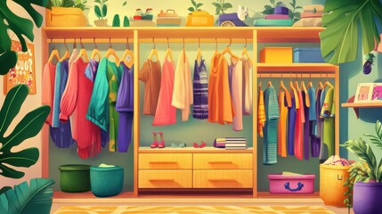 Cartoon-style illustration of happy closet with neatly arranged clothes, vibrant playful colors, child-friendly design