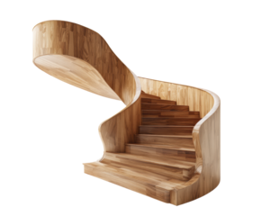 Unique curved wooden staircase design for modern interiors on a transparent background, cut out