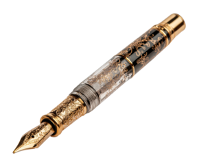 Elegant fountain pen with gold detailing for writing enthusiasts on a transparent background, cut out