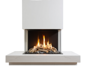 Modern fireplace with flames and stone arrangement in cozy interior on a transparent background, cut out