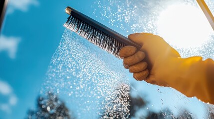 Close-up of gloved hand wiping glass window with squeegee, revealing clear blue sky in bright fresh light