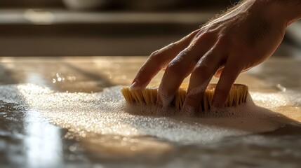 Close-up of hand gripping wooden scrub brush, scrubbing dirty countertop with gentle motion under soft natural light