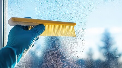 Close-up of gloved hand holding squeegee, wiping glass window to reveal clear blue sky in bright fresh lighting