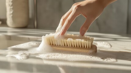 Close-up of hand gripping wooden scrub brush, scrubbing dirty countertop with gentle motion under soft natural light