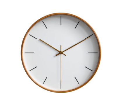 Modern wall clock design featuring minimalist style and natural wood on a transparent background, cut out