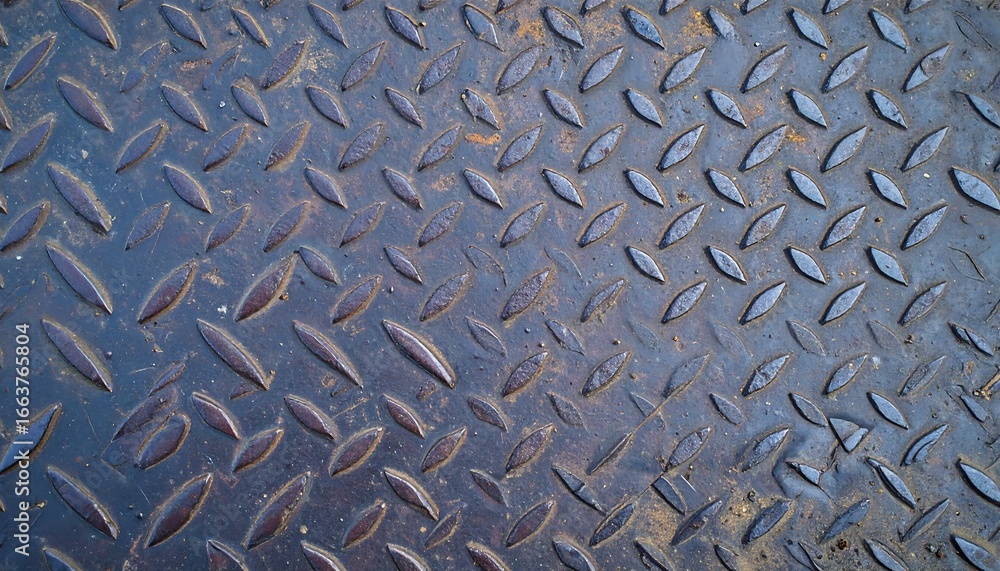 Poster a close-up view of a dark gray metal plate with a diamond-patterned texture, showing signs of rust a