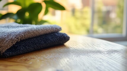 Close-up of microfiber dusting cloth wiping wooden surface, showing contrast between dusty and clean areas in bright natural lighting