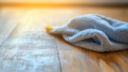 Close-up of microfiber dusting cloth wiping wooden surface, showing contrast between dusty and clean areas in bright natural lighting