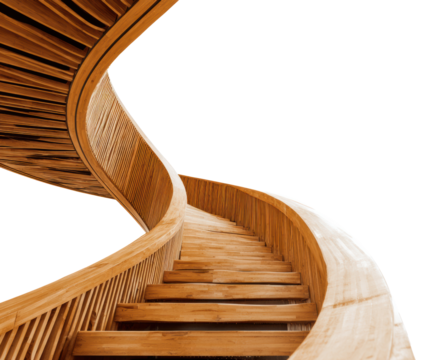 Curved wooden staircase design for modern architecture on a transparent background, cut out