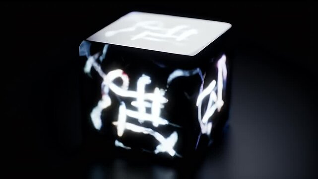 Enigmatic dark cube with luminous hieroglyphs shining brightly, a mysterious futuristic artifact in a pitch-black environment