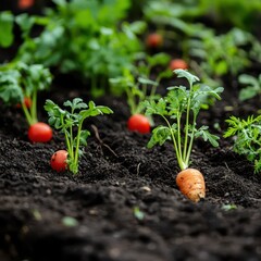 Patch of dark rich soil with young green vegetable sprouts including carrots and tomatoes, detailed soil texture and fresh greenery