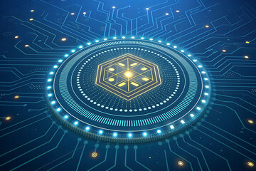 Futuristic digital interface with glowing hexagonal core, abstract circuit lines, and AI-inspired tech elements. Ideal for blockchain, cybersecurity, or innovation-themed visuals.