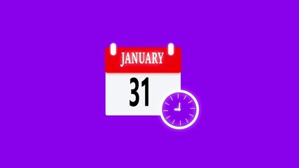 31 JANUARY month calendar icon with symbol. Simple calendar icon animation and date change of time month. Calendar icon Sign on black background and white and red color screen. Calendar Pendulum Anima