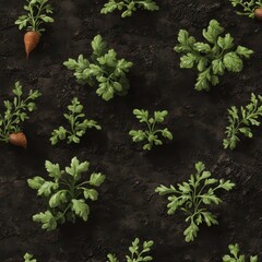Patch of dark rich soil with young green vegetable sprouts including carrots and tomatoes, detailed soil texture and fresh greenery