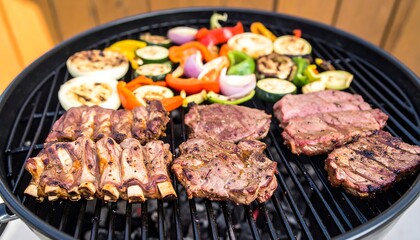 Delicious grilling scene featuring ribs, steaks, and assorted vegetables over charcoal