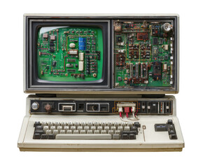 Vintage computer highlighting retro tech and circuit design on a transparent background, cut out