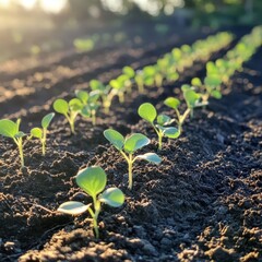 Row of freshly sprouted seedlings with tiny leaves stretching toward the sun in neat rows of dark soil