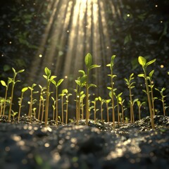 Healthy seedlings basking in sunlight, fresh leaves reaching upward, golden rays illuminating delicate structures, with copy space