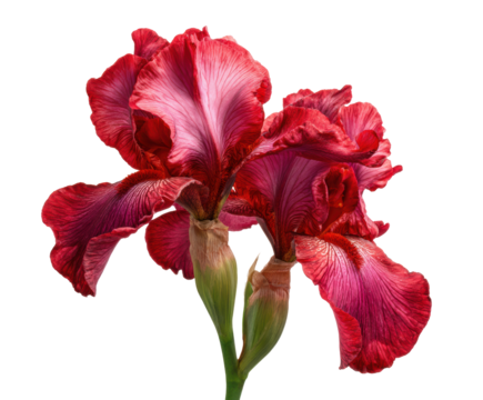 Elegant red iris flowers add vibrant beauty to decor on a transparent background, cut out
