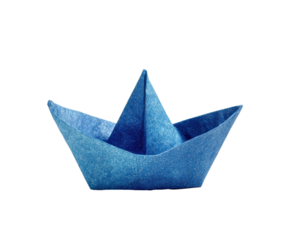 Blue paper boat on a plain background for creative design projects on a transparent background, cut out