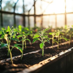 Row of healthy tomato seedlings in greenhouse with delicate stems supported by moist dark soil, bathed in soft natural sunlight