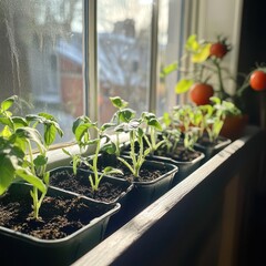 Row of small vegetable seedlings including tomatoes and peppers in seed trays with soft sunlight filtering through window