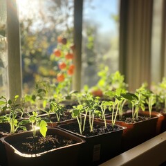 Row of small vegetable seedlings including tomatoes and peppers in seed trays with soft sunlight filtering through window