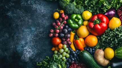Creative stock concept of fruit and vegetable rainbow, symbolizing health and nutrition with vibrant arching arrangement