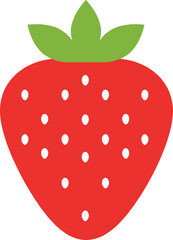 Flat vector illustration of a ripe red strawberry with green leaves and white seeds, symbolizing healthy food, summer, and nature