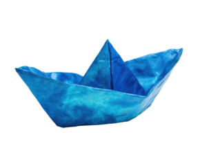 Creative blue paper boat for imaginative play and decoration on a transparent background, cut out
