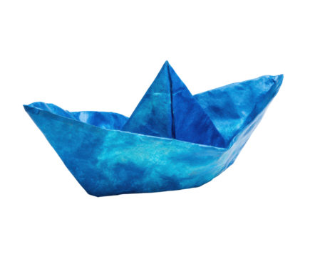 Creative blue paper boat for imaginative play and decoration on a transparent background, cut out
