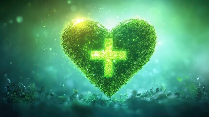 Creative stock concept of green cross symbol merging into heart shape, symbolizing care and wellness, softly glowing with serene background, healthcare and wellbeing illustration with copy space