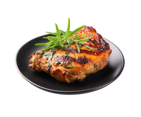 Grilled chicken breast with herbs on black plate for healthy meals on a transparent background, cut out
