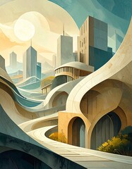 Obraz premium abstract architectural cityscape in warm beige and brown with curved nature inspired design