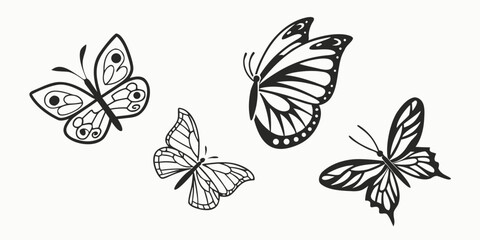Four Stylized Black Butterflies on White Background