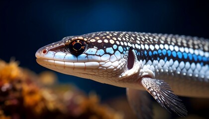 Naklejka premium Close-up of a fascinating aquatic lizard, showcasing its intricate patterned scales in shades of blue, black, and white, against a dark background.