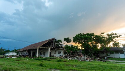 Devastation aftermath, hurricane damage to property in rural landscape after storm
