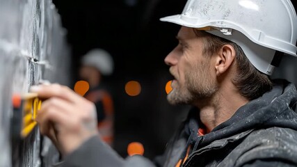 The builder turns to the camera with a smile, then carefully checks his work with a level. Footage for advertising construction companies or tools.