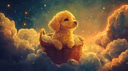 Digital painting of fantasy-style puppy in floating basket drifting through clouds, whimsical magical atmosphere with ethereal glow