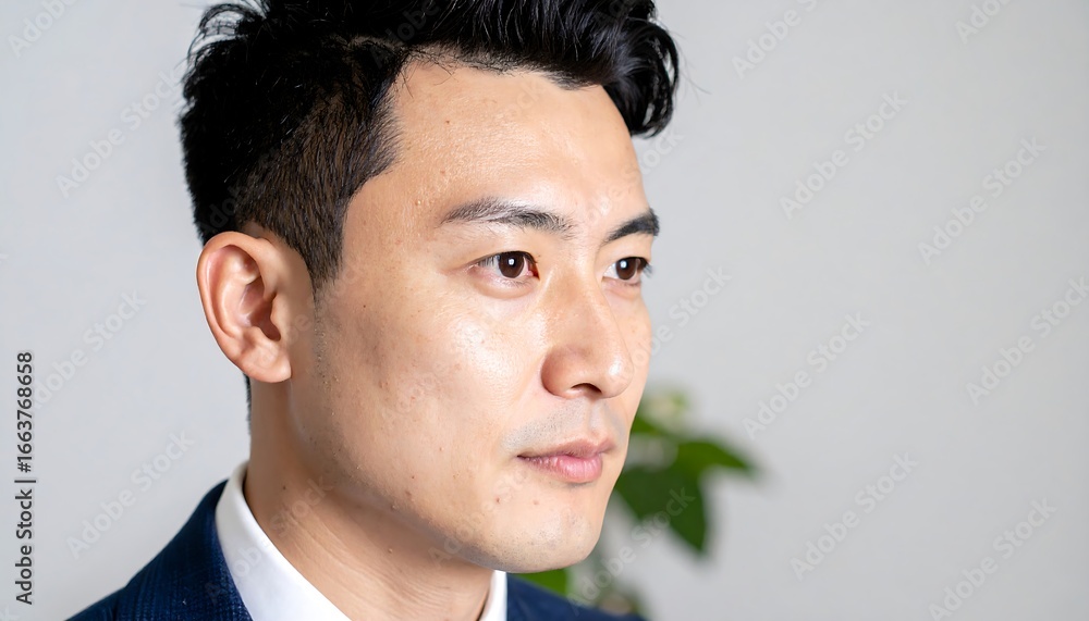 Poster close-up portrait of a man with a thoughtful expression, showcasing a neutral color palette and a pr
