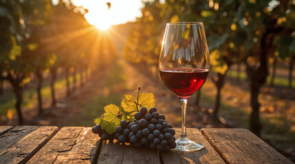 Glass of Red Wine with Grapes in Vineyard Sunset