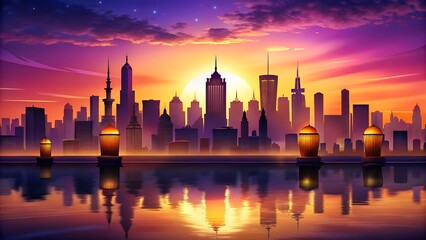 Fototapeta premium Photo of glowing lanterns on water with a city skyline at sunset, featuring a dramatic orange and purple sky