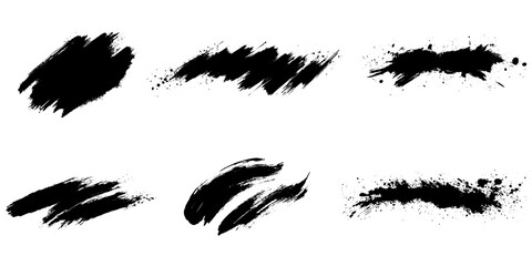 Six black grunge brush stroke elements for dynamic artistic designs and textures white background