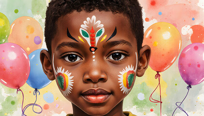 African boy with face paint smiling at birthday party with balloons