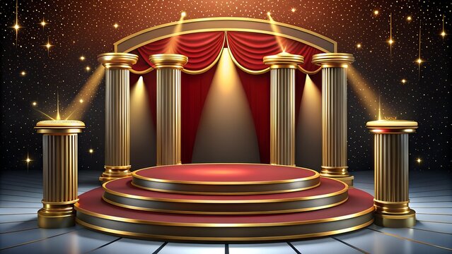 Photo of grand stage with red carpet podium, golden columns, and velvet curtains, illuminated by spotlights for a prestigious event