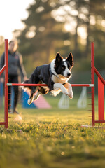 Dynamic Border Collie Leaping Over Agility Hurdle on a Sunny Outdoor Course with Golden Hour Lighting